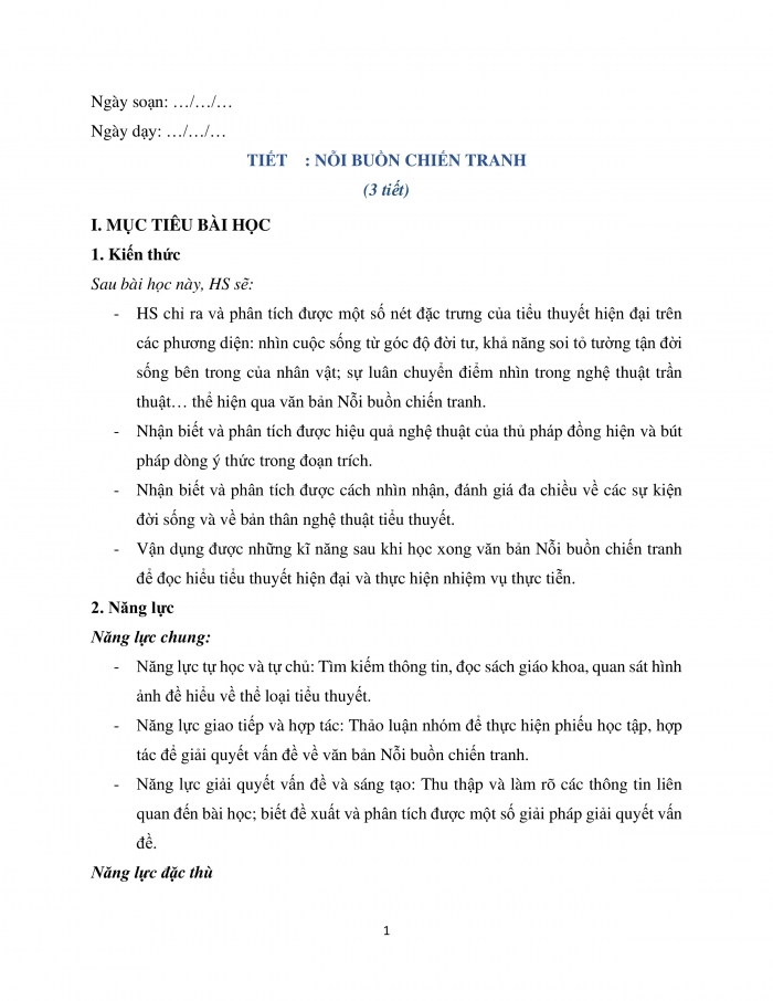 Giáo án và PPT Ngữ văn 12 kết nối bài 1: Nỗi buồn chiến tranh (Trích – Bảo Ninh)