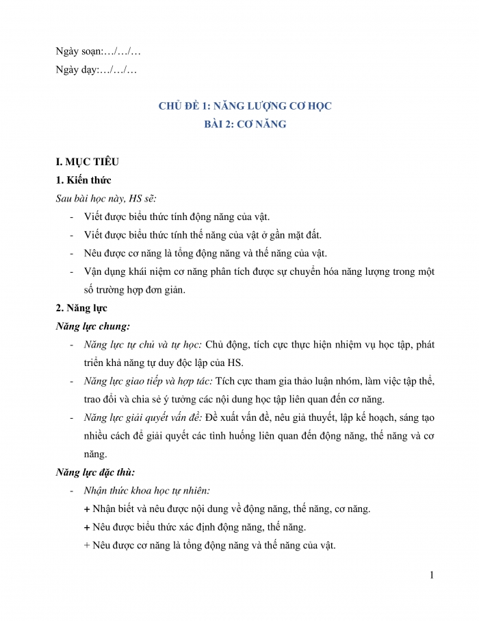 Giáo án và PPT KHTN 9 chân trời bài 2: Cơ năng