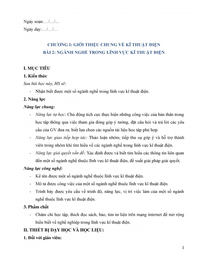 Giáo án và PPT công nghệ 12 điện - điện tử Kết nối bài 2: Ngành nghề trong lĩnh vực kĩ thuật điện