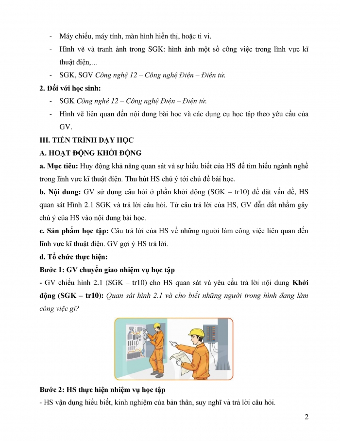 Giáo án và PPT công nghệ 12 điện - điện tử Kết nối bài 2: Ngành nghề trong lĩnh vực kĩ thuật điện