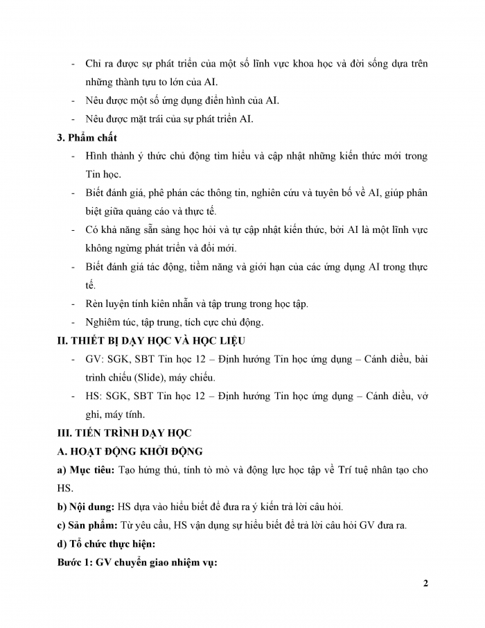 Giáo án và PPT Tin học ứng dụng 12 cánh diều bài 2: Giới thiệu về Trí tuệ nhân tạo (Tiếp theo)