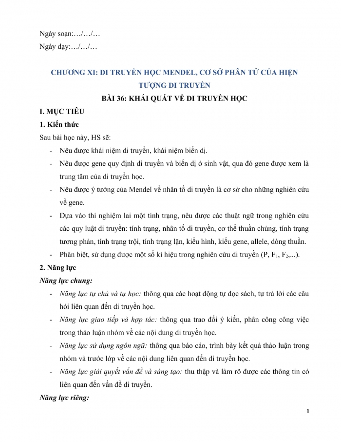Giáo án và PPT KHTN 9 kết nối Bài 36: Khái quát về di truyền học
