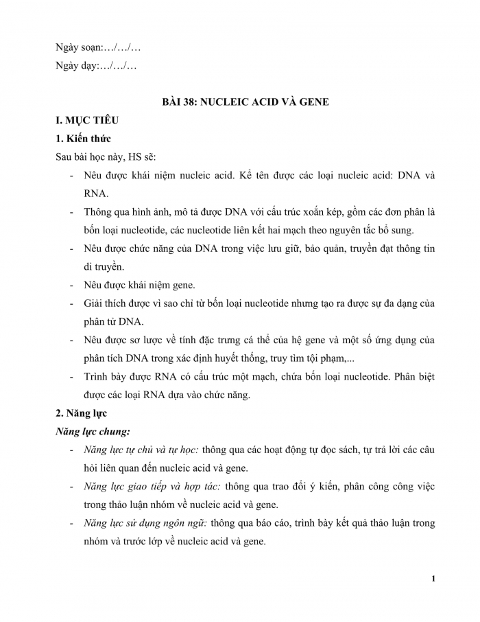 Giáo án và PPT KHTN 9 kết nối Bài 38: Nucleic acid và gene