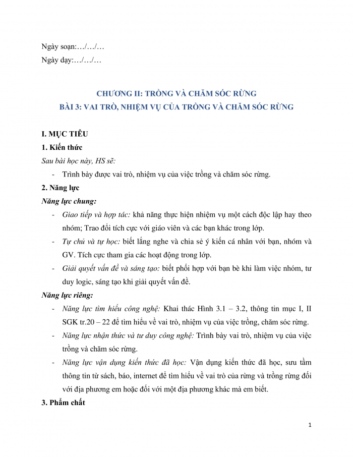 Giáo án và PPT công nghệ 12 lâm nghiệp thủy sản Kết nối bài 3: Vai trò, nhiệm vụ của trồng và chăm sóc rừng