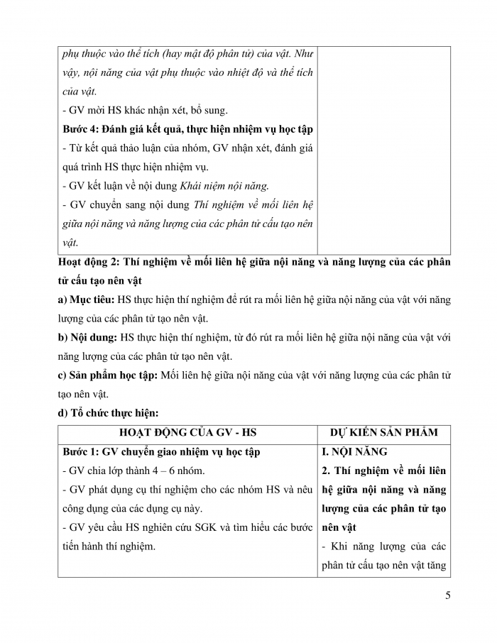 Giáo án và PPT Vật lí 12 chân trời bài 3: Nội năng. Định luật 1 của nhiệt động lực học