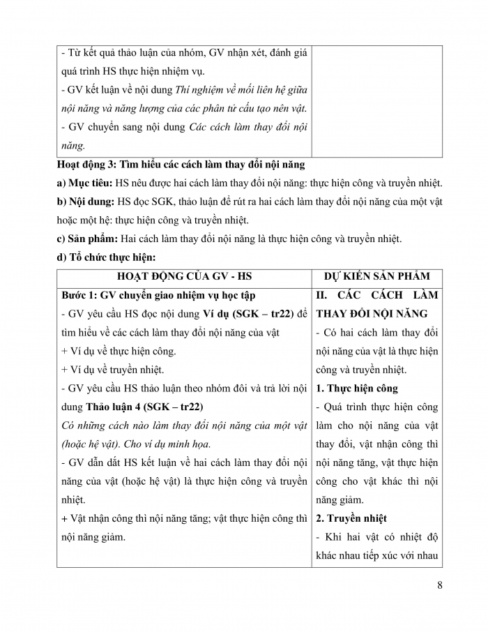 Giáo án và PPT Vật lí 12 chân trời bài 3: Nội năng. Định luật 1 của nhiệt động lực học