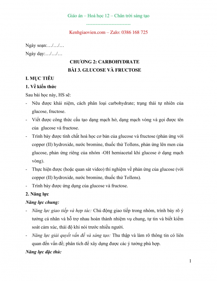Giáo án và PPT Hoá học 12 chân trời bài 3: Glucose và fructose