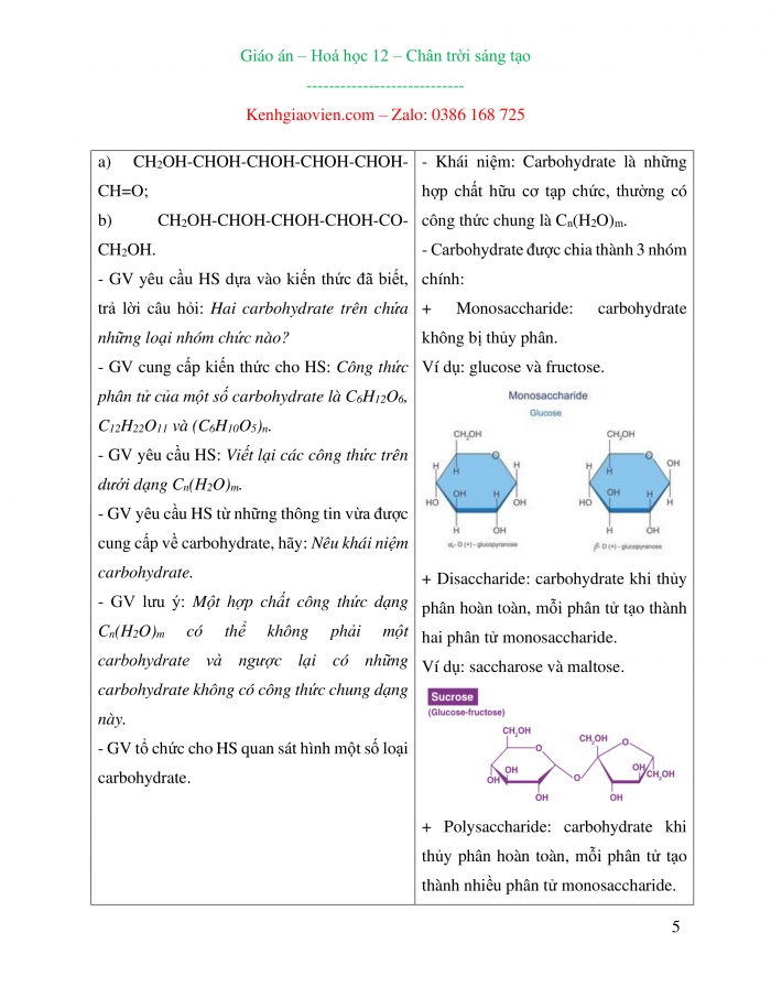 Giáo án và PPT Hoá học 12 chân trời bài 3: Glucose và fructose