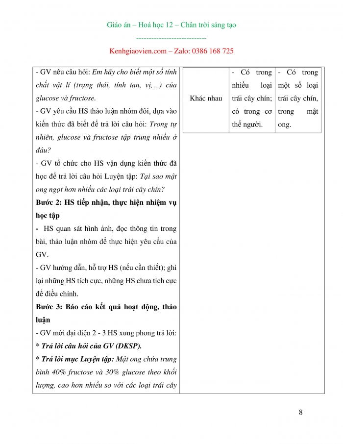 Giáo án và PPT Hoá học 12 chân trời bài 3: Glucose và fructose