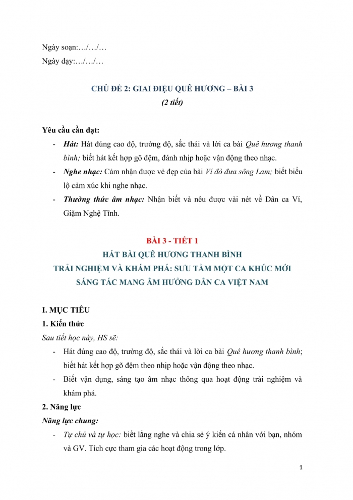 Giáo án và PPT Âm nhạc 9 cánh diều Bài 3: Hát Bài hát Quê hương thanh bình, Nghe nhạc Bài dân ca Ví đò đưa sông Lam, Thường thức âm nhạc Dân ca Ví, Giặm Nghệ Tĩnh