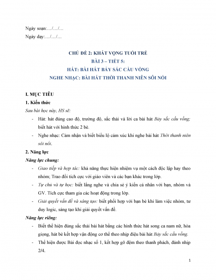 Giáo án và PPT Âm nhạc 9 kết nối Bài 3: Hát Bài hát Bảy sắc cầu vồng, Nghe nhạc Bài hát Thời thanh niên sôi nổi