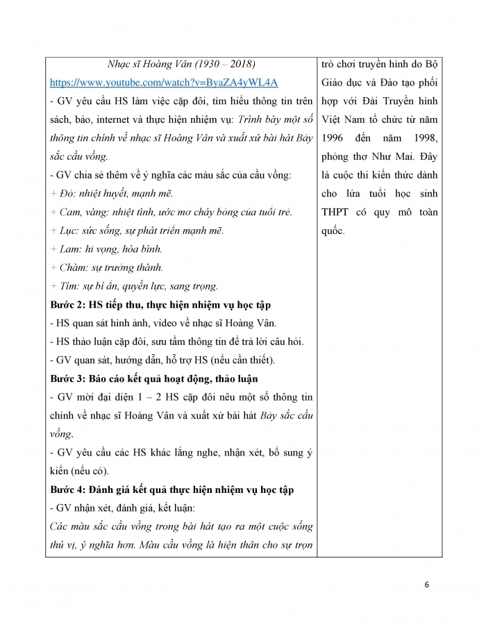 Giáo án và PPT Âm nhạc 9 kết nối Bài 3: Hát Bài hát Bảy sắc cầu vồng, Nghe nhạc Bài hát Thời thanh niên sôi nổi