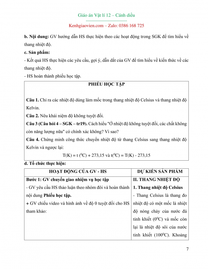 Giáo án và PPT Vật lí 12 cánh diều bài 3: Thang nhiệt độ