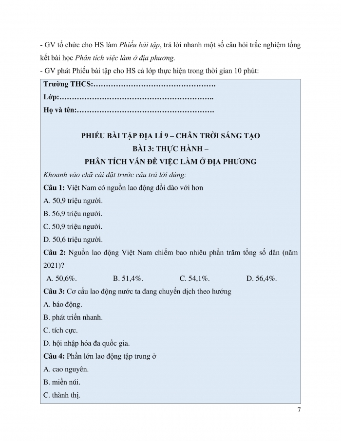 Giáo án và PPT Địa lí 9 chân trời bài 3: Thực hành Phân tích vấn đề việc làm ở địa phương