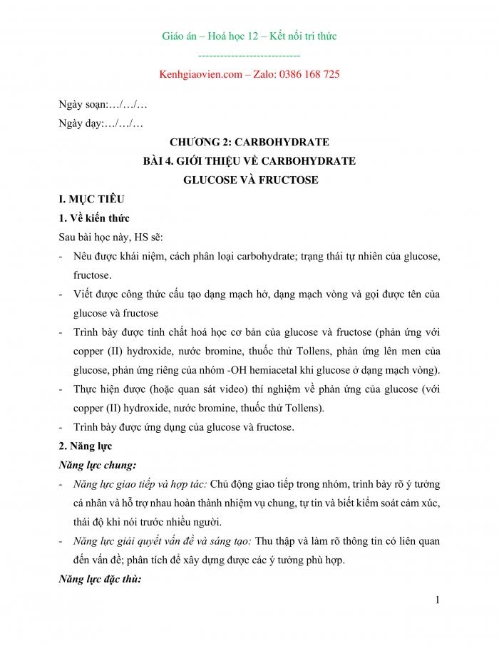 Giáo án và PPT Hoá học 12 kết nối bài 4: Giới thiệu về carbohydrate. Glucose và fructose