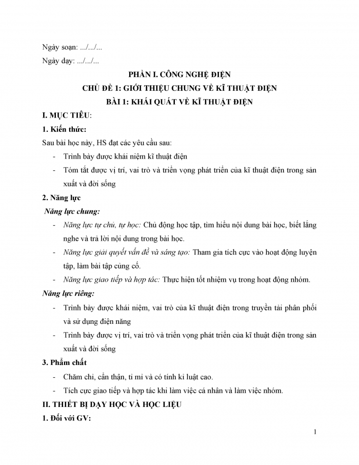 Giáo án và PPT công nghệ 12 điện - điện tử Cánh diều bài 1: Khái quát về kĩ thuật điện