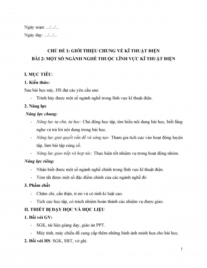 Giáo án và PPT công nghệ 12 điện - điện tử Cánh diều bài 2: Một số ngành nghề thuộc lĩnh vực kĩ thuật điện