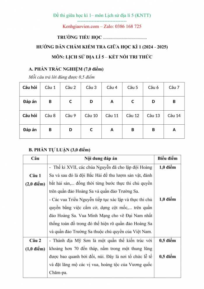 Đề kiểm tra, đề thi mẫu môn Lịch sử và địa lí 5 Kết nối tri thức