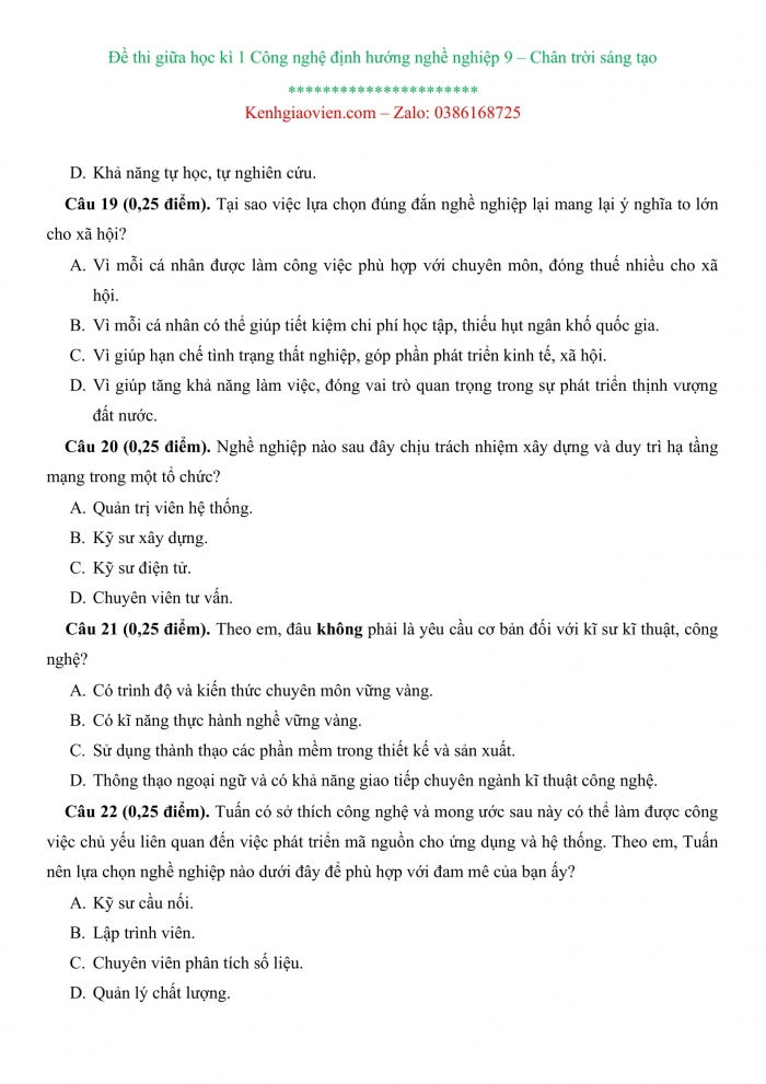 Đề kiểm tra, đề thi mẫu môn Công nghệ 9 Định hướng nghệ nghiệp Chân trời sáng tạo