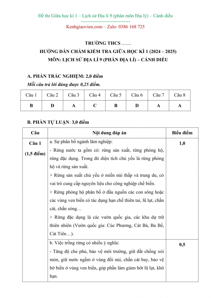 Đề kiểm tra, đề thi mẫu môn Địa lí 9 Cánh diều