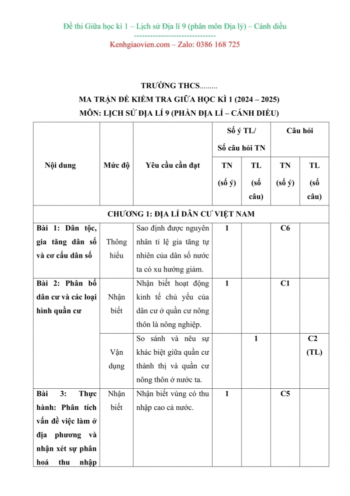 Đề kiểm tra, đề thi mẫu môn Địa lí 9 Cánh diều