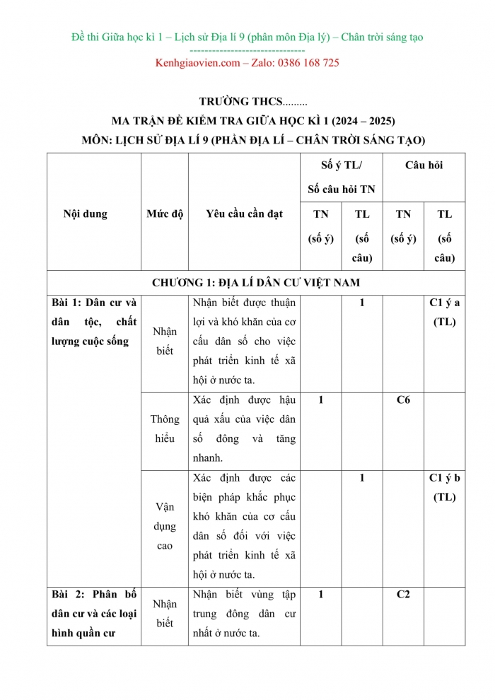 Đề kiểm tra, đề thi mẫu môn Địa lí 9 Chân trời sáng tạo