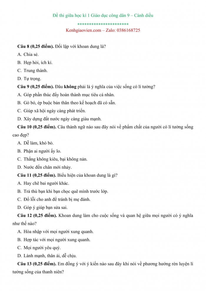 Đề kiểm tra, đề thi mẫu môn Công dân 9 Cánh diều