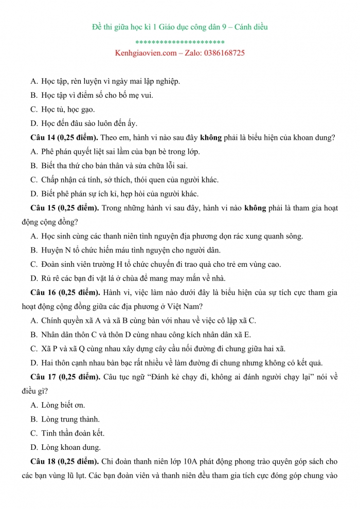 Đề kiểm tra, đề thi mẫu môn Công dân 9 Cánh diều