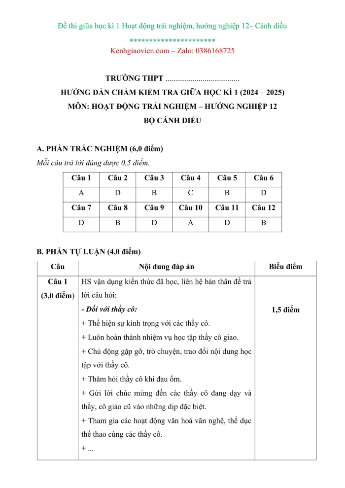 Đề kiểm tra, đề thi mẫu môn Hoạt động trải nghiệm 12 cánh diều