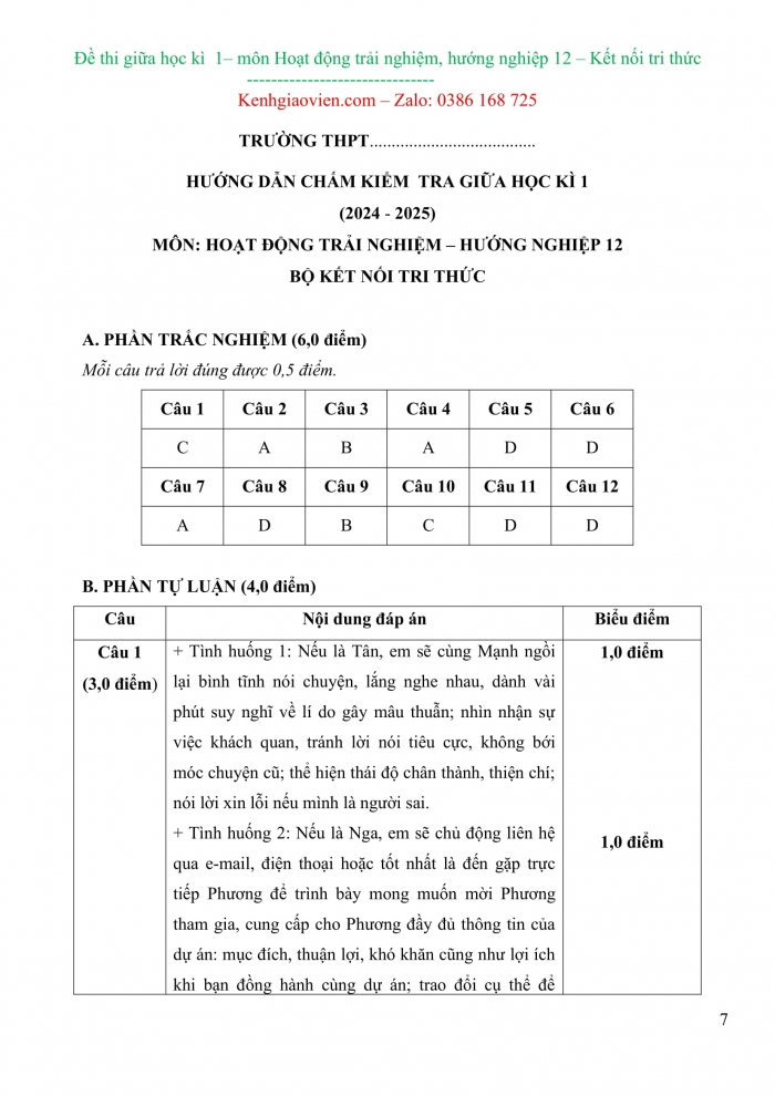 Đề kiểm tra, đề thi mẫu môn Hoạt động trải nghiệm 12 kết nối tri thức