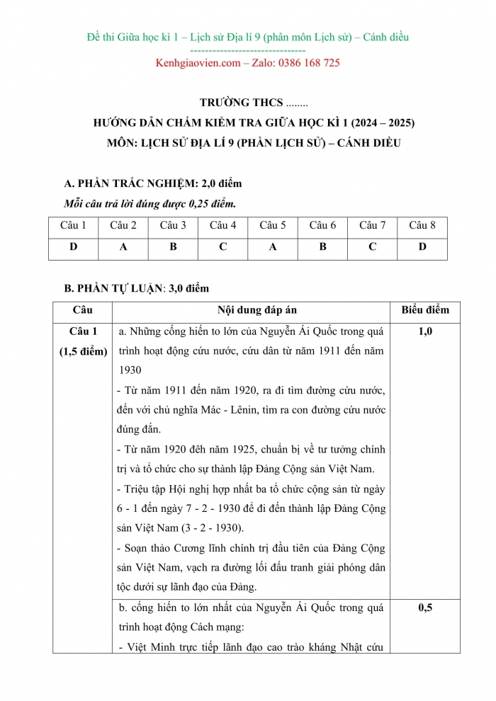 Đề kiểm tra, đề thi mẫu môn Lịch sử 9 Cánh diều