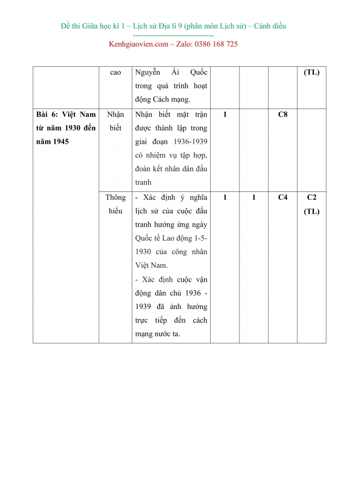 Đề kiểm tra, đề thi mẫu môn Lịch sử 9 Cánh diều