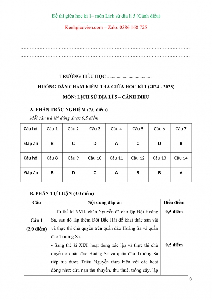 Đề kiểm tra, đề thi mẫu môn Lịch sử và địa lí 5 Cánh diều