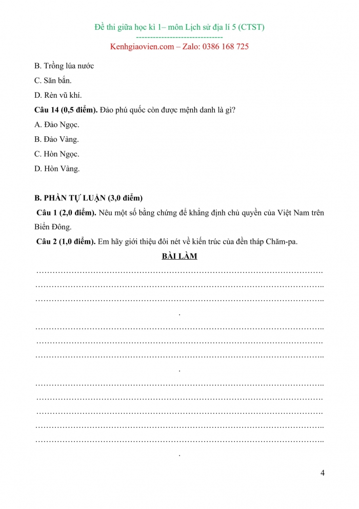 Đề kiểm tra, đề thi mẫu môn Lịch sử và địa lí 5 Chân trời sáng tạo