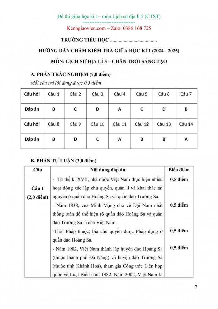 Đề kiểm tra, đề thi mẫu môn Lịch sử và địa lí 5 Chân trời sáng tạo