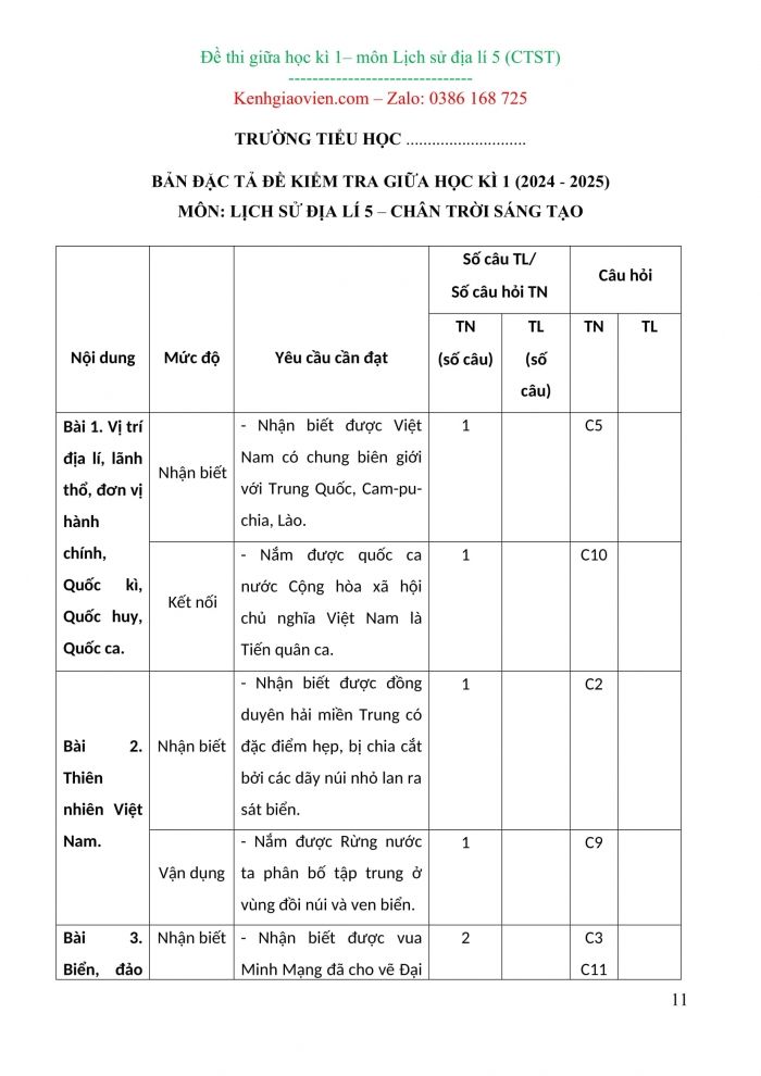 Đề kiểm tra, đề thi mẫu môn Lịch sử và địa lí 5 Chân trời sáng tạo