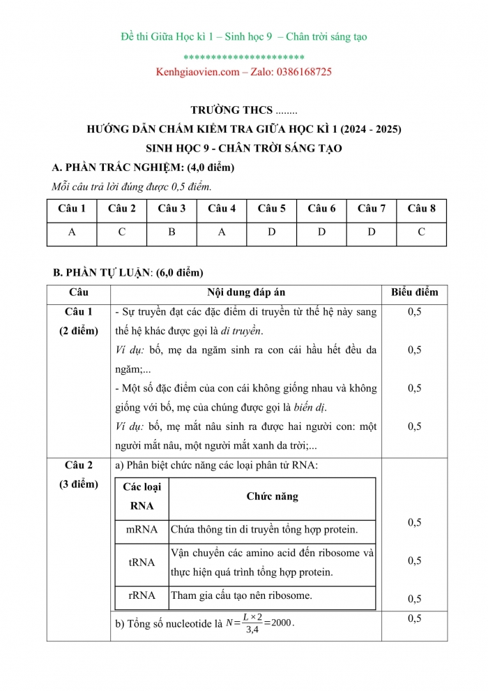 Đề kiểm tra, đề thi mẫu Sinh học 9 Chân trời sáng tạo