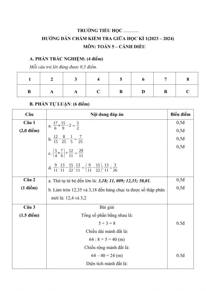 Đề kiểm tra, đề thi mẫu môn Toán 5 Cánh diều