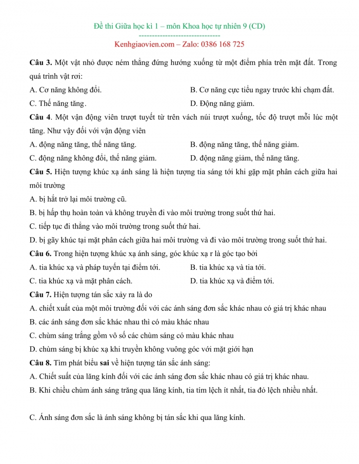 Đề kiểm tra, đề thi mẫu môn Vật lí 9 Cánh diều