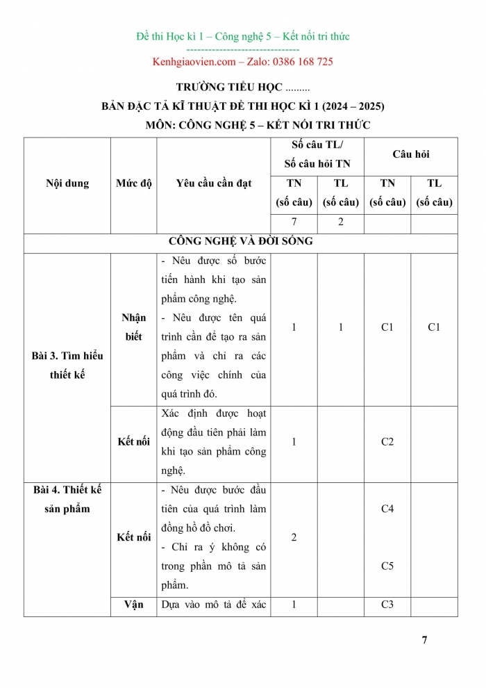 Đề kiểm tra, đề thi mẫu môn Công nghệ 5 Kết nối tri thức