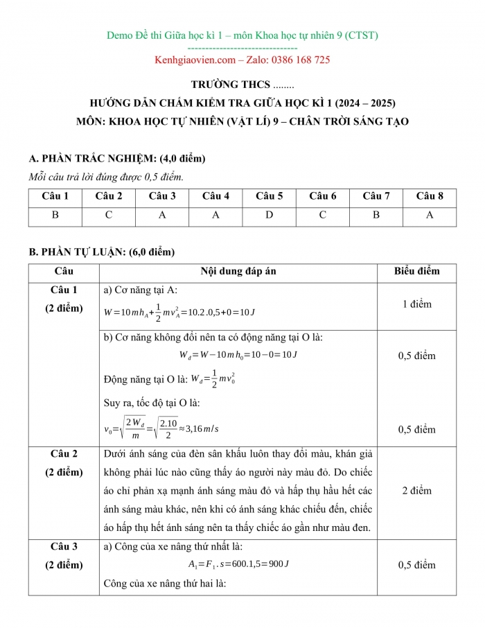Đề kiểm tra, đề thi mẫu Vật lí 9 Chân trời sáng tạo
