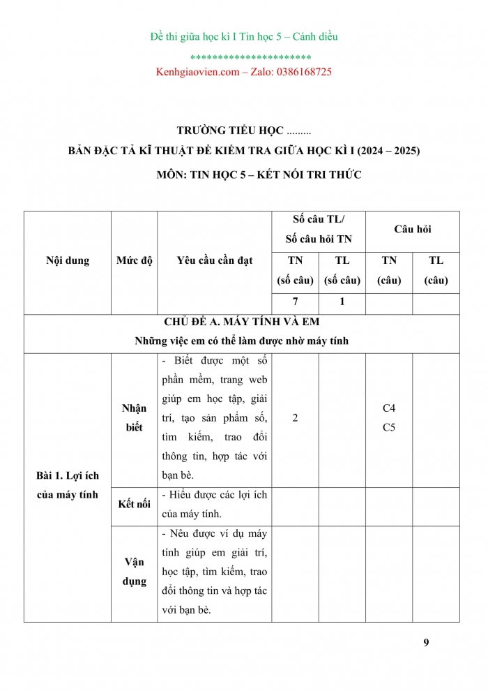 Đề kiểm tra, đề thi mẫu môn Tin học 5 Cánh diều