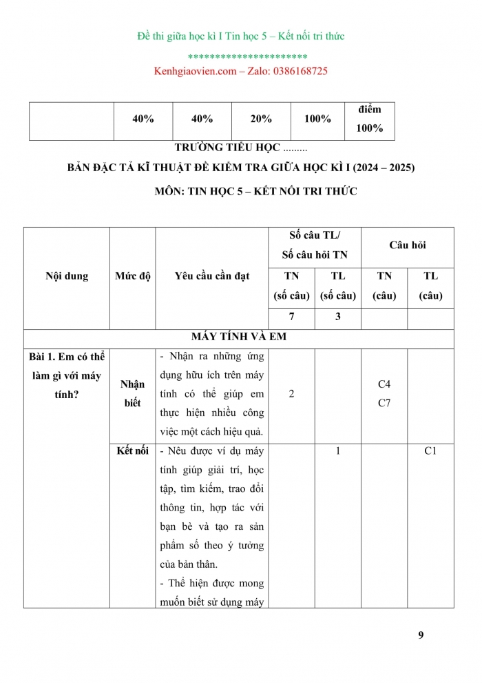 Đề kiểm tra, đề thi mẫu môn Tin học 5 Kết nối tri thức