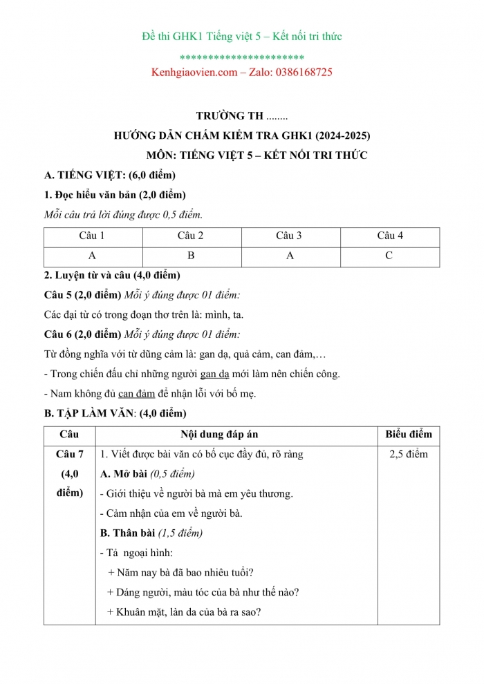 Đề kiểm tra, đề thi mẫu môn Tiếng việt 5 Kết nối tri thức