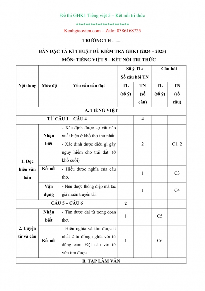 Đề kiểm tra, đề thi mẫu môn Tiếng việt 5 Kết nối tri thức