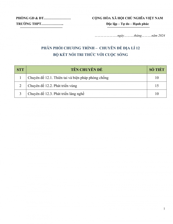 PPCT chuyên đề địa lí 12 kết nối tri thức