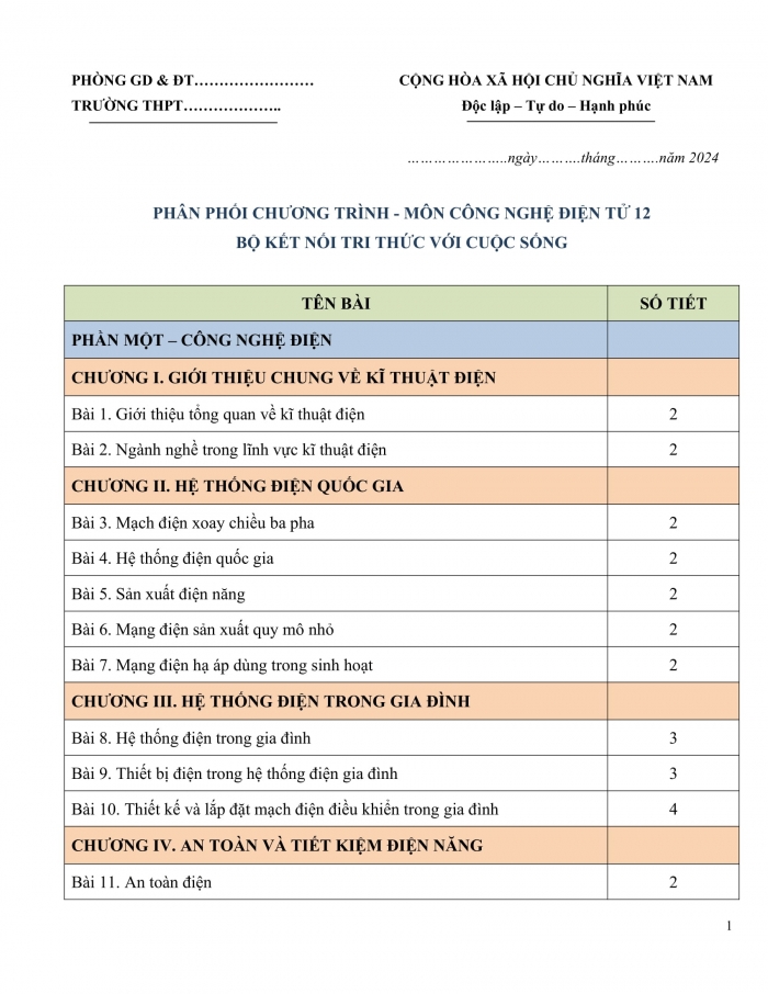 PPCT Công nghệ 12 Điện - điện tử kết nối tri thức