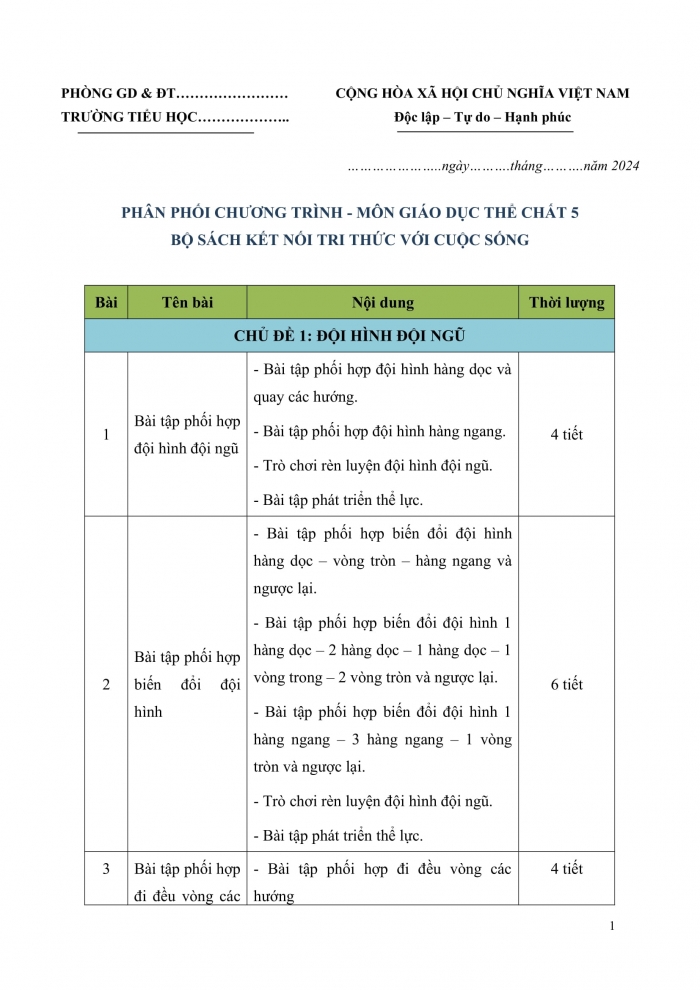 PPCT Thể dục 5 kết nối tri thức