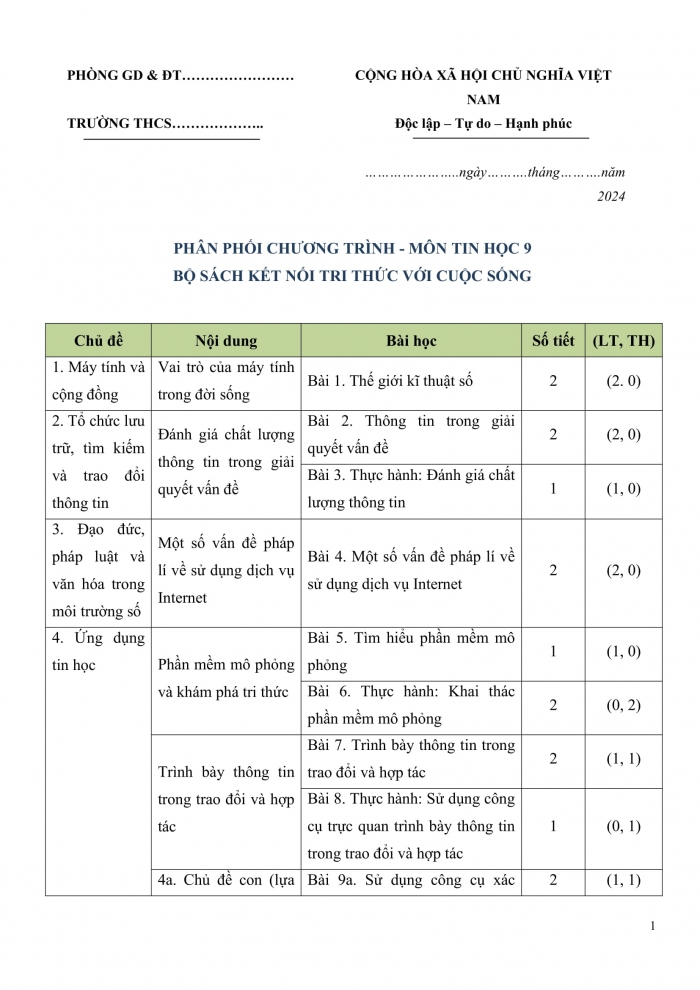 PPCT tin học 9 kết nối tri thức