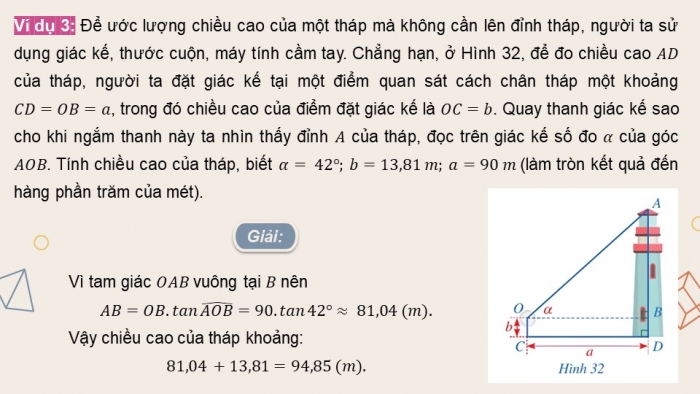 Giáo án điện tử Toán 9 cánh diều Bài 3: Ứng dụng của tỉ số lượng giác của góc nhọn